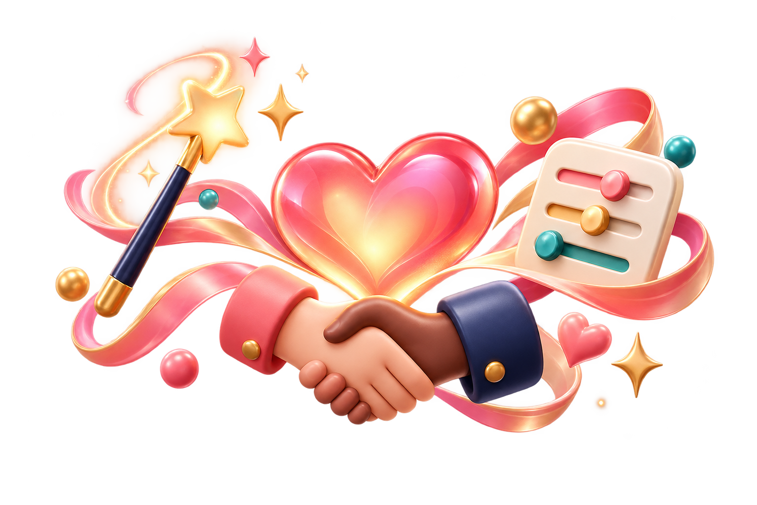 A heart, thoughtful controls, and a supportive handshake representing Glow's product principles