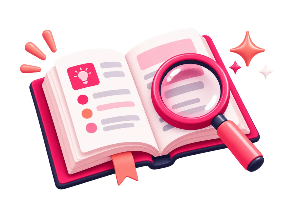 An open guidebook with a magnifying glass