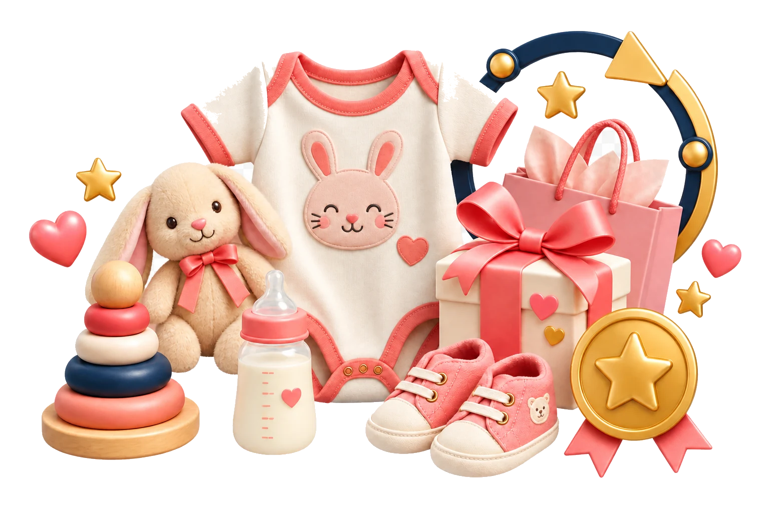 Baby products and toys with loyalty stars and gift symbols