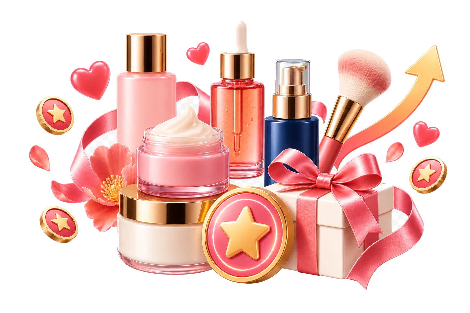 Beauty products surrounded by loyalty stars, gifts, and a repeat-purchase path
